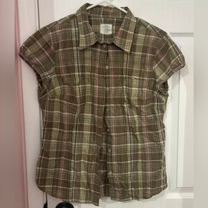 H&M Y2K short sleeve blouse, pink and white plaid size 12